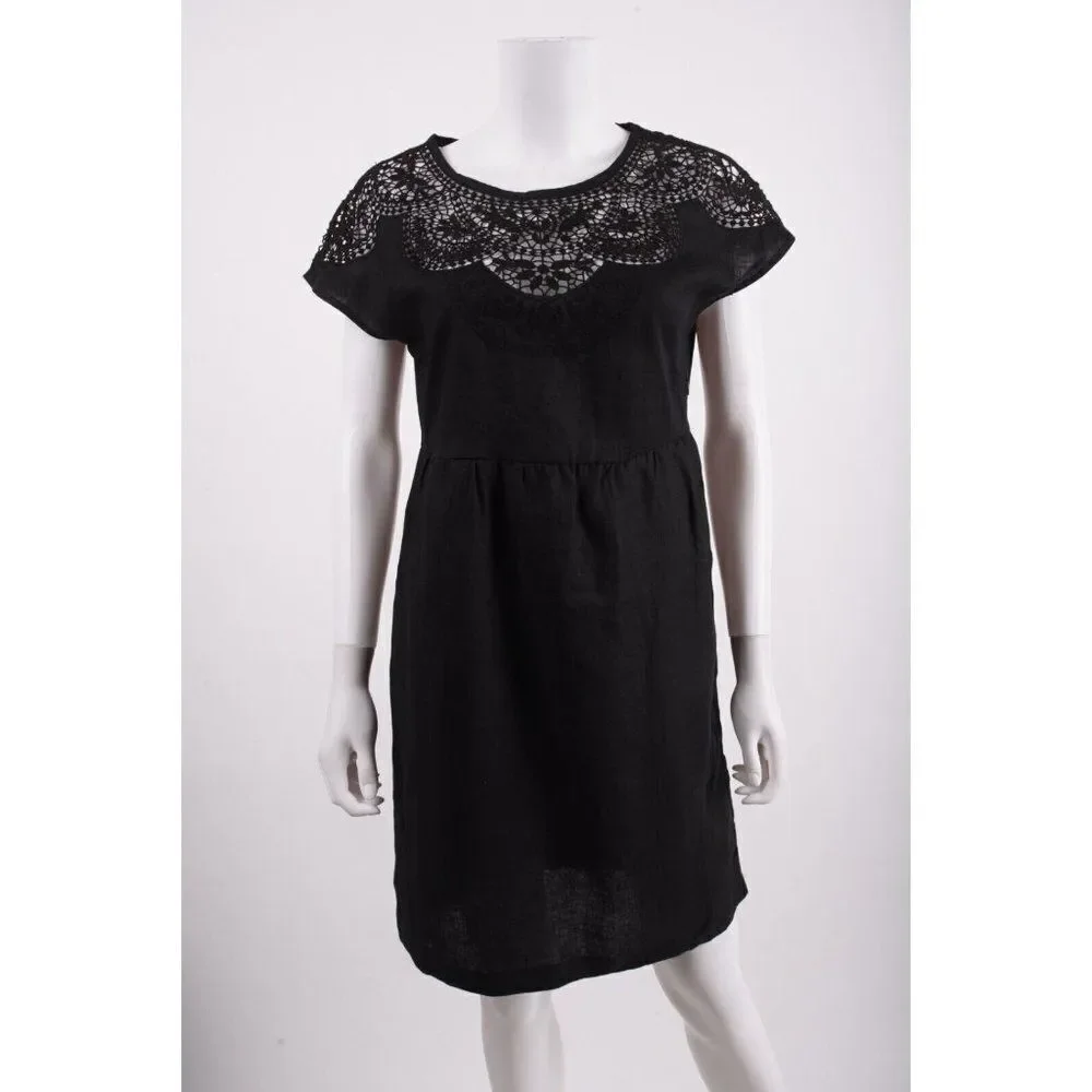 Boden Womens Fleur Embroidered Linen Dress UK 8 US 4 Black Knee Length NWT